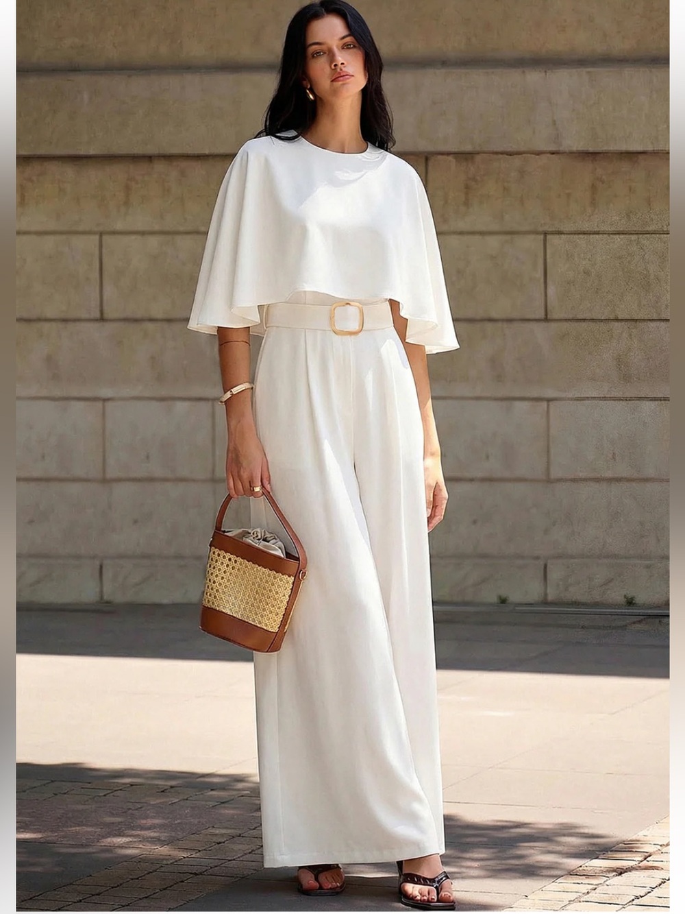 Commense Elegant White Wide-Leg Jumpsuit with Cape Overlay XL